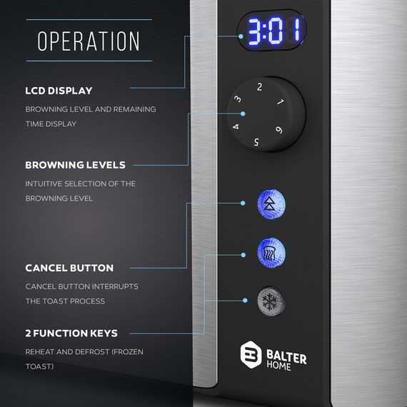 Balter Toaster 4 Scheiben, Langschlitz, Edelstahl, Brötchenaufsatz, LCD Display mit Restzeitanzeige, Auftaufunktion, Brotzentrierung, Krümelschublade, TS-04-LCD, Farbe: Silber
