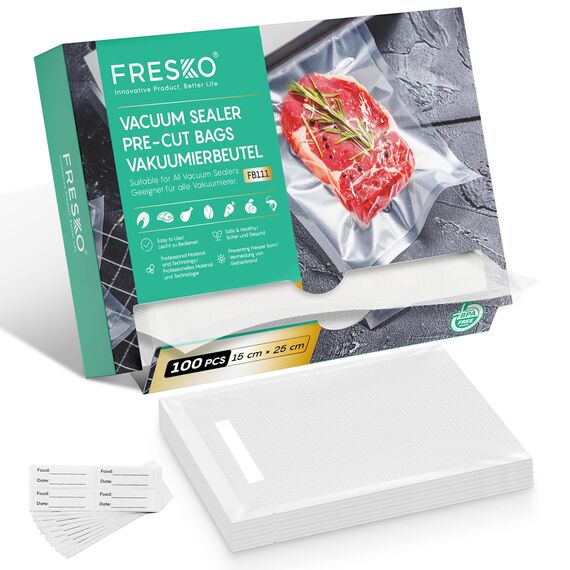 Vakuumierbeutel FRESKO Vakuumbeutel 15x25cm / 100 Profi- Folienbeutel, für alle Vakuumierer, BPA-frei, Eingeprägte Luftrillen, Extrahierbares Verpackungsdesign, Sous Vide Gefrierbeutel