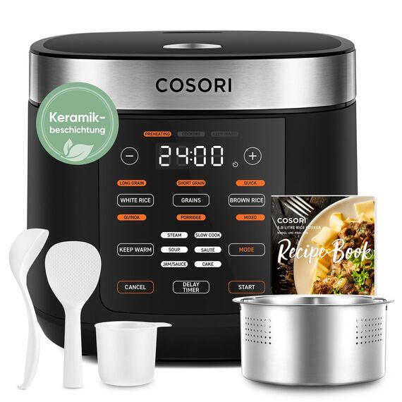COSORI Reiskocher, Keramikbeschichtung, Rice Cooker 5 L, Multikocher mit 17 Programme, Fuzzy-Logik, Dampfgarer mit Edestahleinsatz, Warmhaltefunktion, Timer, Schwarz