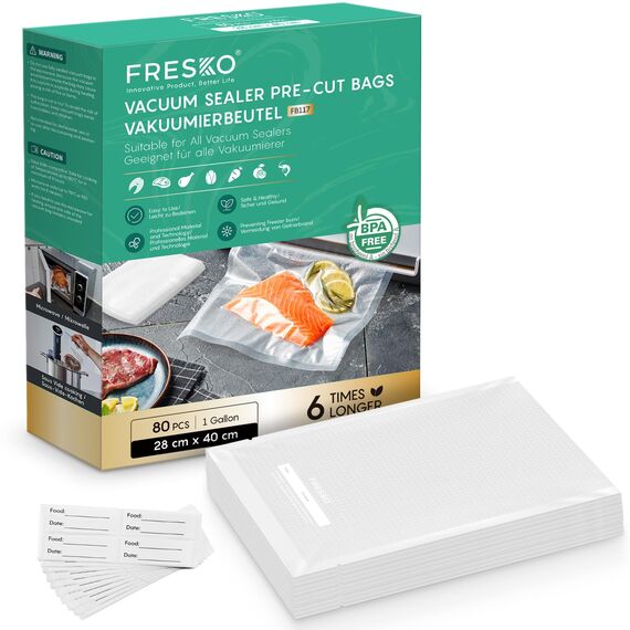 FRESKO Vakuumbeutel 28 x 40 cm / 80 Stück, professionelle Folienbeutel, geeignet für alle Vakuumiergeräte, BPA-frei, geprägte Luftrillen, Sous-Vide-Gefrierbeutel