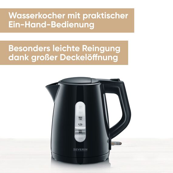 SEVERIN Wasserkocher, kabellos, abwaschbarer Kalkfilter, 2.200 W, ca. 1,0 L, Kunststoff, schwarz, WK 3410