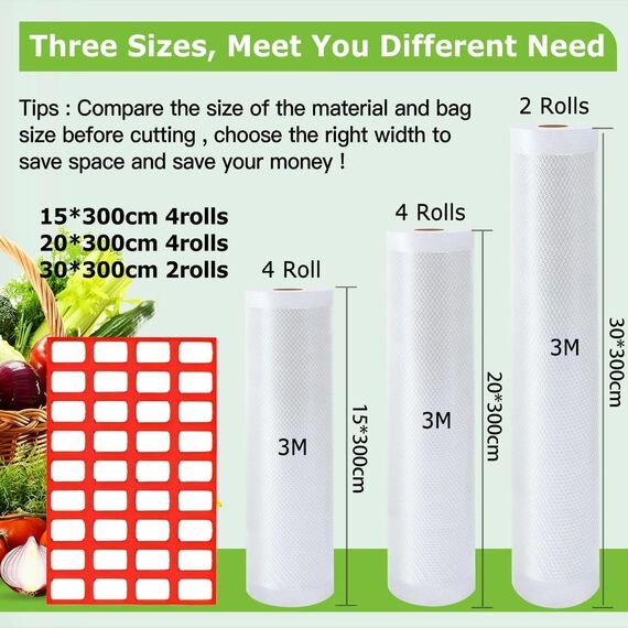 Omtofo Vakuumierrollen 10 Rollen Vakuumierfolie, 30/20/15 x 300cm/Rolle Vakuumbeutel Lebensmittel, BPA-frei, reißfest, 190µm, Vakuumierbeutel für Vakuumierer, Mikrowellen and Sous Vide