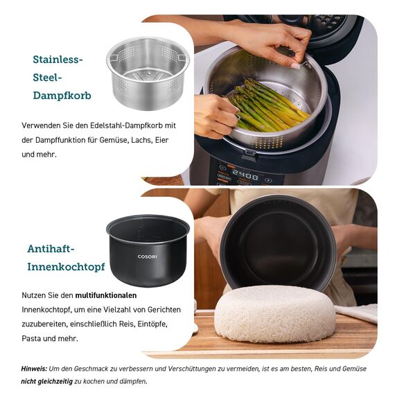 COSORI Reiskocher, Keramikbeschichtung, Rice Cooker 5 L, Multikocher mit 17 Programme, Fuzzy-Logik, Dampfgarer mit Edestahleinsatz, Warmhaltefunktion, Timer, Schwarz