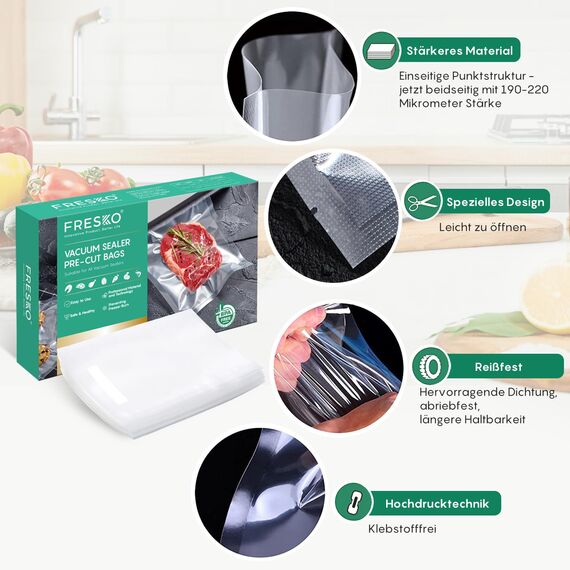 Vakuumierbeutel FRESKO Vakuumbeutel 15x25cm / 100 Profi- Folienbeutel, für alle Vakuumierer, BPA-frei, Eingeprägte Luftrillen, Extrahierbares Verpackungsdesign, Sous Vide Gefrierbeutel