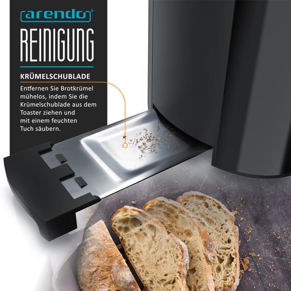 Arendo - Edelstahl Toaster Langschlitz 4 Scheiben - Defrost Funktion - wärmeisolierendes Gehäuse - mit integriertem Brötchenaufsatz - Krümelschublade - Display Restzeitanzeige - Klavierlack schwarz
