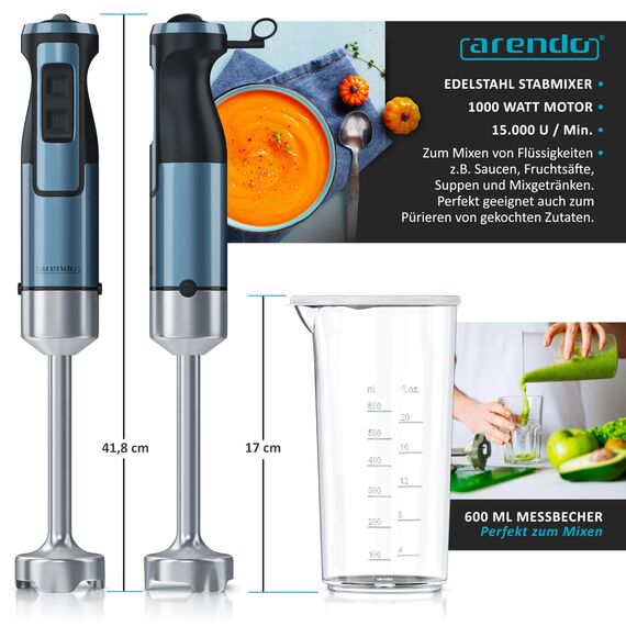 Arendo - Stabmixer 1000 Watt Edelstahl Set - vierflügeliges Messer - Pürierstab - stufenlose Geschwindigkeitsregelung - Turbotaste - Abnehmbarer Mixfuß - Blau