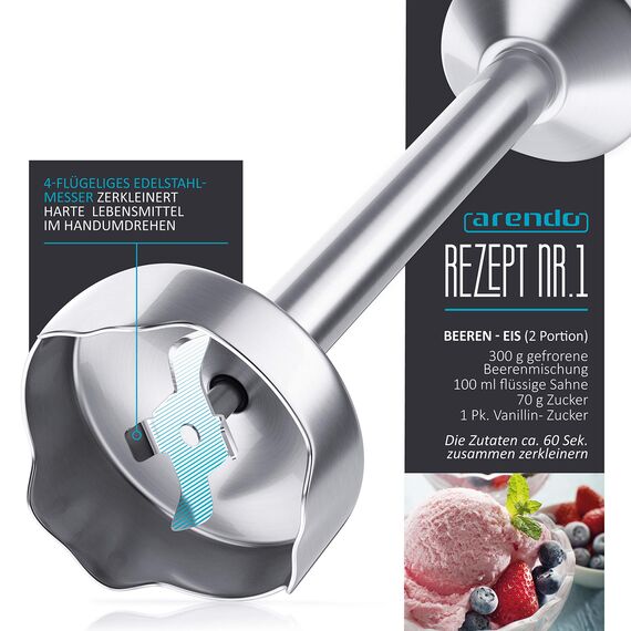 Arendo - Stabmixer 1000 Watt Edelstahl - vierflügeliges Messer - Pürierstab - Mixer - stufenlose Geschwindigkeitsregelung - Turbotaste - Abnehmbarer Mixfuß - Rubinrot