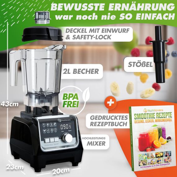 NUTRI-BLENDER MAX+ Hochleistungsmixer 2000W Standmixer Smoothie Hochleistung Smoothie-Maker Profi Mixer Blender - 2L Tritan, BPA-FREI, 9 Stufen, Digital-Timer Inkl. Smoothie Rezeptbuch