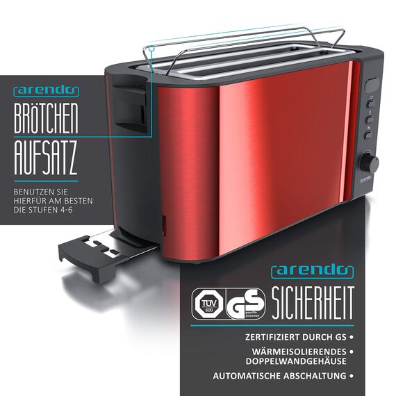 Arendo - Toaster 4 Scheiben Langschlitz Edelstahl - Defrost Funktion - wärmeisolierendes Gehäuse - mit integrierten Brötchenaufsatz - 1500W - Krümelschublade - Display mit Restzeitanzeige - Rot