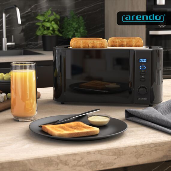 Arendo - Edelstahl Toaster Langschlitz 4 Scheiben - Defrost Funktion - wärmeisolierendes Gehäuse - mit integriertem Brötchenaufsatz - Krümelschublade - Display Restzeitanzeige - Klavierlack schwarz