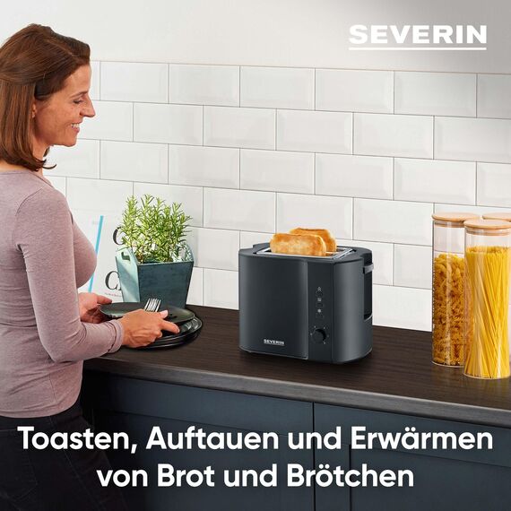 SEVERIN Automatik-Toaster mit 2 Toastschlitzen, mit Brötchenaufsatz, Edelstahl, zum Toasten, Auftauen und Erwärmen, 800 W, schwarz/matt, AT 9552