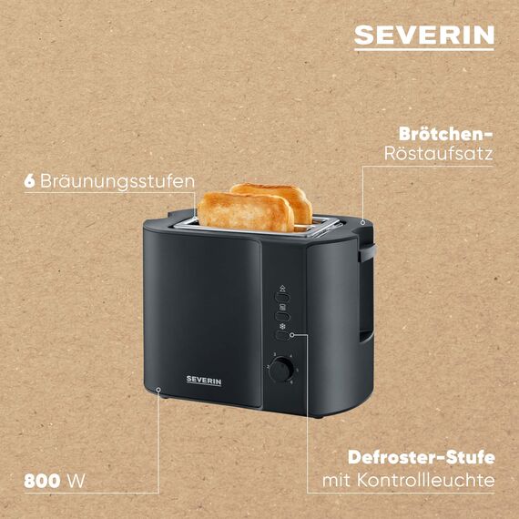 SEVERIN Automatik-Toaster mit 2 Toastschlitzen, mit Brötchenaufsatz, Edelstahl, zum Toasten, Auftauen und Erwärmen, 800 W, schwarz/matt, AT 9552
