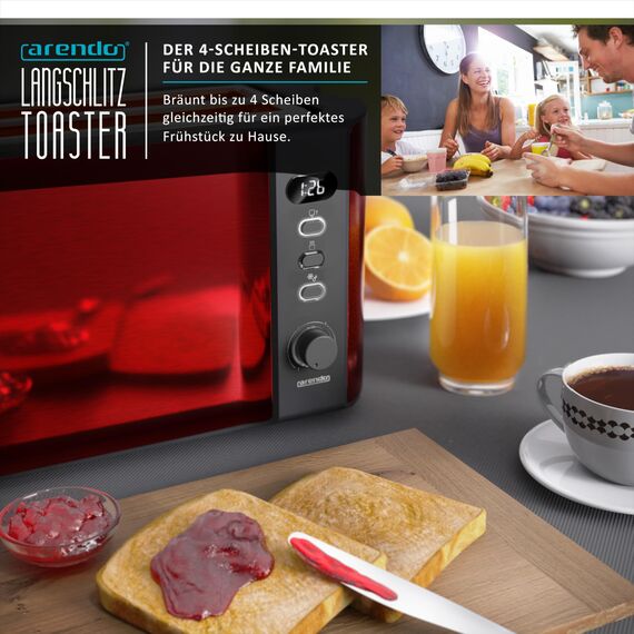 Arendo - Toaster 4 Scheiben Langschlitz Edelstahl - Defrost Funktion - wärmeisolierendes Gehäuse - mit integrierten Brötchenaufsatz - 1500W - Krümelschublade - Display mit Restzeitanzeige - Rot
