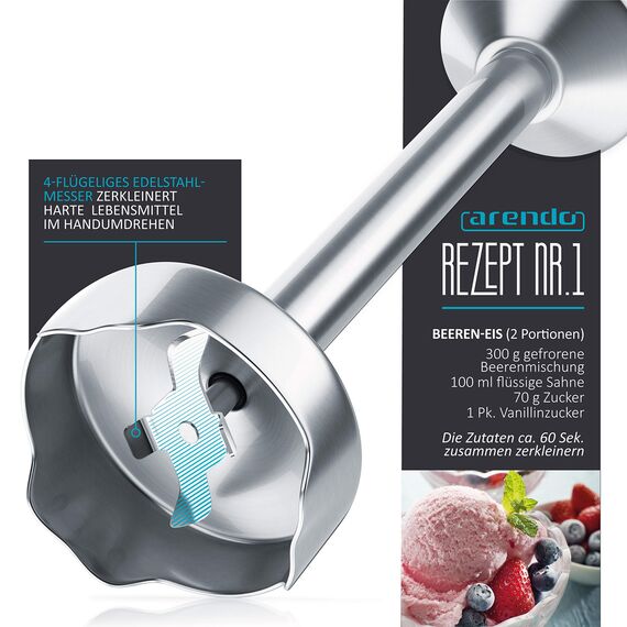 Arendo - Stabmixer 1000 Watt Edelstahl Set - vierflügeliges Messer - Pürierstab - stufenlose Geschwindigkeitsregelung - Turbotaste - Abnehmbarer Mixfuß