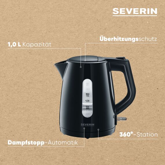 SEVERIN Wasserkocher, kabellos, abwaschbarer Kalkfilter, 2.200 W, ca. 1,0 L, Kunststoff, schwarz, WK 3410