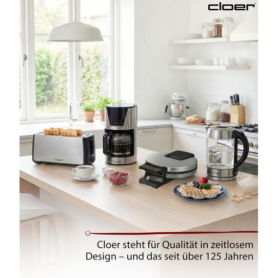 Cloer 189 Waffeleisen für eine Herzwaffel mit 16 cm Durchmesser, Herzwaffeleisen mit Doppelbeschichtung, schweren Backplatten, stufenlosem Bräunungsgrad, Backampel & Signalton, Edelstahl, 930 W