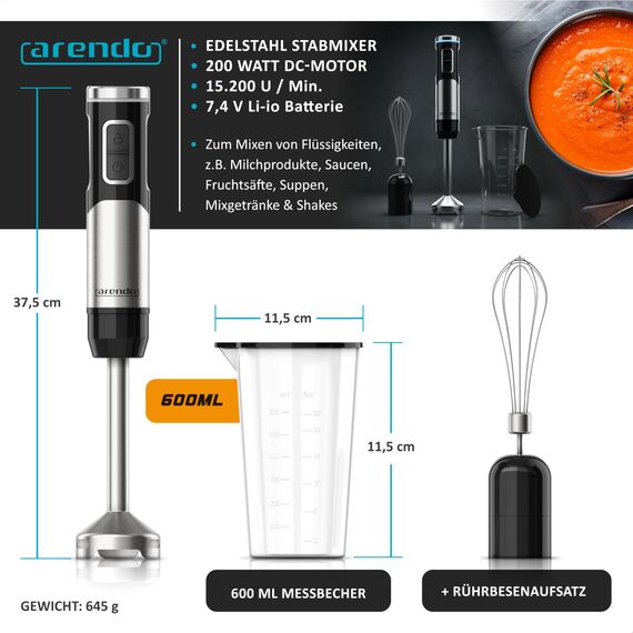 Arendo - Stabmixer kabellos - 200 Watt – mit Akku - Edelstahl Handmixer – Pürierstab – Schneebesen – Messbecher – stufenlose Geschwindigkeit – Tastensperre - Set