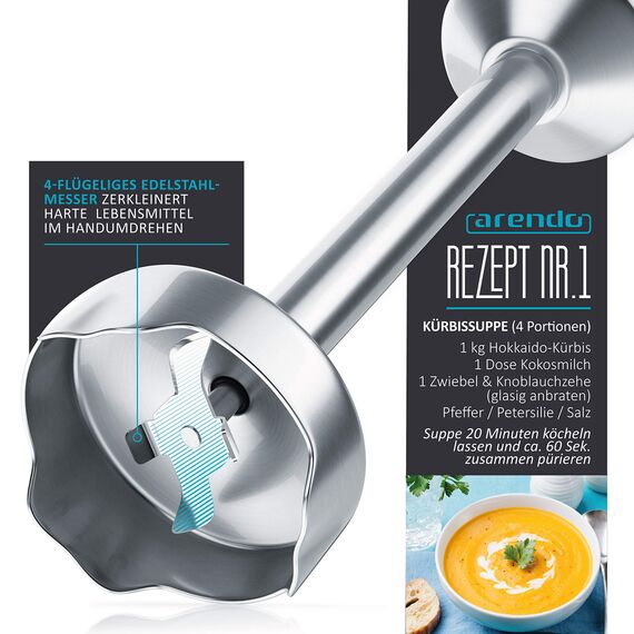Arendo - Stabmixer 1000 Watt - Vierflügeliges Messer - Pürierstab - stufenlose Regelung - Turbotaste - abnehmbarer Mixfuß - Edelstahl Cool Grey