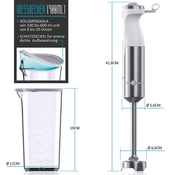Arendo - 1000W Stabmixer - Edelstahl Pürierstab - Mixer - vierflügeliges Messer - stufenlose Geschwindigkeitsregelung - Turbotaste - Kraftvoller 1000 Watt Motor - mit Messbecher - Weiß