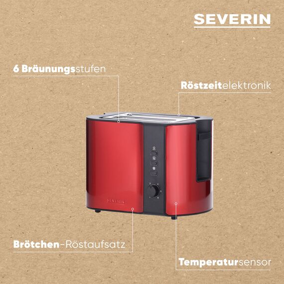 SEVERIN Automatik-Toaster, Toastgerät mit Brötchenaufsatz, hochwertig aus Edelstahl, zum Toasten, Auftauen und Erwärmen, 800 W, rot, AT 2217