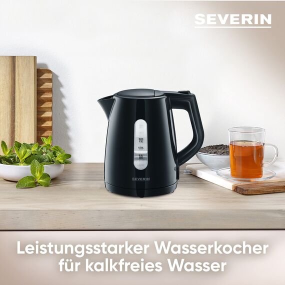 SEVERIN Wasserkocher, kabellos, abwaschbarer Kalkfilter, 2.200 W, ca. 1,0 L, Kunststoff, schwarz, WK 3410