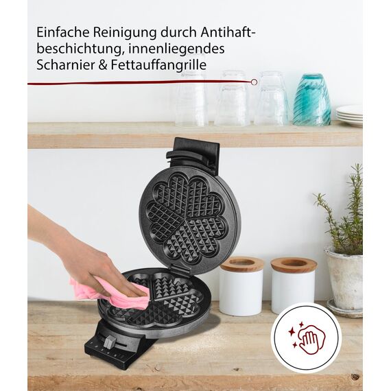 Cloer 189 Waffeleisen für eine Herzwaffel mit 16 cm Durchmesser, Herzwaffeleisen mit Doppelbeschichtung, schweren Backplatten, stufenlosem Bräunungsgrad, Backampel & Signalton, Edelstahl, 930 W