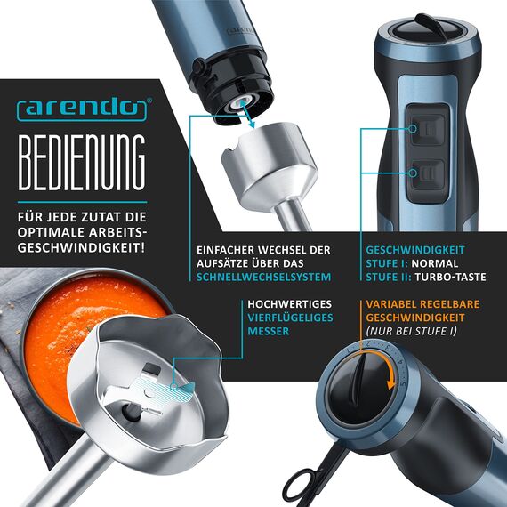 Arendo - Stabmixer 1000 Watt Edelstahl Set - vierflügeliges Messer - Pürierstab - stufenlose Geschwindigkeitsregelung - Turbotaste - Abnehmbarer Mixfuß - Blau