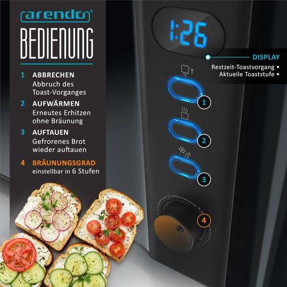 Arendo - Edelstahl Toaster Langschlitz 4 Scheiben - Defrost Funktion - wärmeisolierendes Gehäuse - mit integriertem Brötchenaufsatz - Krümelschublade - Display Restzeitanzeige - Klavierlack schwarz