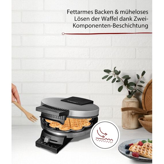 Cloer 189 Waffeleisen für eine Herzwaffel mit 16 cm Durchmesser, Herzwaffeleisen mit Doppelbeschichtung, schweren Backplatten, stufenlosem Bräunungsgrad, Backampel & Signalton, Edelstahl, 930 W