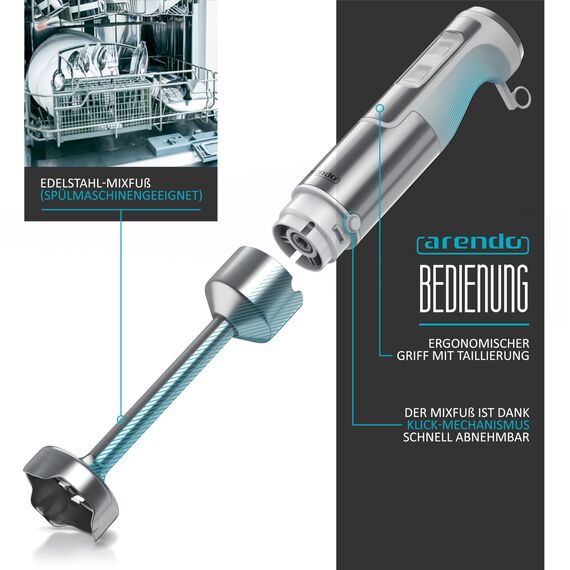Arendo - 1000W Stabmixer - Edelstahl Pürierstab - Mixer - vierflügeliges Messer - stufenlose Geschwindigkeitsregelung - Turbotaste - Kraftvoller 1000 Watt Motor - mit Messbecher - Weiß