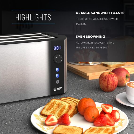 Balter Toaster 4 Scheiben, Langschlitz, Edelstahl, Brötchenaufsatz, LCD Display mit Restzeitanzeige, Auftaufunktion, Brotzentrierung, Krümelschublade, TS-04-LCD, Farbe: Silber