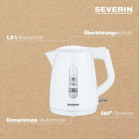 SEVERIN Wasserkocher, kabellos, abwaschbarer Kalkfilter, 1,0 L, weiß, Kunststoff, WK 3411