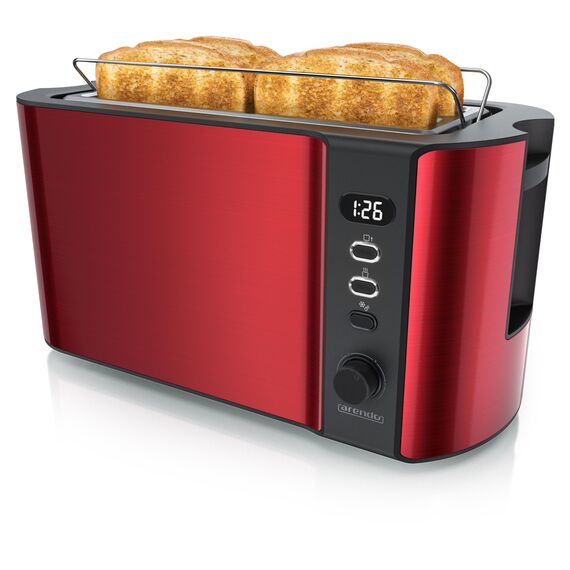 Arendo - Toaster 4 Scheiben Langschlitz Edelstahl - Defrost Funktion - wärmeisolierendes Gehäuse - mit integrierten Brötchenaufsatz - 1500W - Krümelschublade - Display mit Restzeitanzeige - Rot