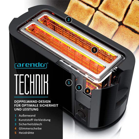Arendo - Edelstahl Toaster Langschlitz 4 Scheiben - Defrost Funktion - wärmeisolierendes Gehäuse - mit integriertem Brötchenaufsatz - Krümelschublade - Display Restzeitanzeige - Klavierlack schwarz