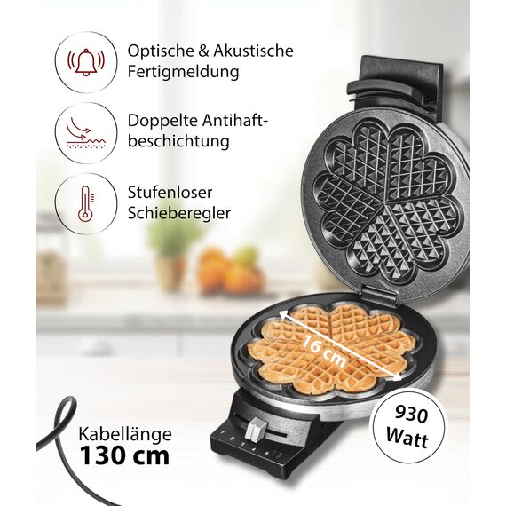 Cloer 189 Waffeleisen für eine Herzwaffel mit 16 cm Durchmesser, Herzwaffeleisen mit Doppelbeschichtung, schweren Backplatten, stufenlosem Bräunungsgrad, Backampel & Signalton, Edelstahl, 930 W