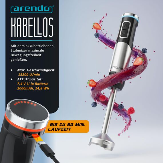 Arendo - Stabmixer kabellos - 200 Watt – mit Akku - Edelstahl Handmixer – Pürierstab – Schneebesen – Messbecher – stufenlose Geschwindigkeit – Tastensperre - Set