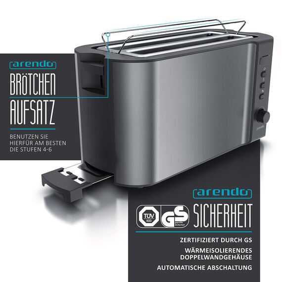 Arendo - Edelstahl Toaster Langschlitz 4 Scheiben, Defrost, wärmeisolierendes Gehäuse, mit integriertem Brötchenaufsatz, 1500W, Krümelschublade, Display, Cool Grey