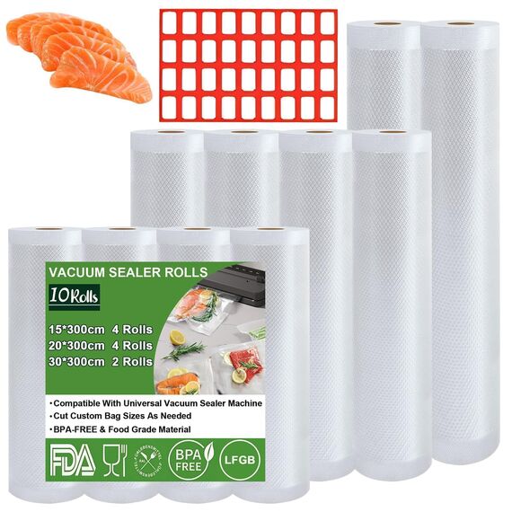 Omtofo Vakuumierrollen 10 Rollen Vakuumierfolie, 30/20/15 x 300cm/Rolle Vakuumbeutel Lebensmittel, BPA-frei, reißfest, 190µm, Vakuumierbeutel für Vakuumierer, Mikrowellen and Sous Vide