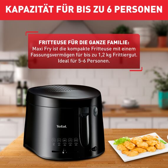 Tefal Maxi Fry Fritteuse, Cool Wall Technologie, bis zu 1,2 kg Fassungsvermögen, einklappbarer Griff, kompakte Größe, regelbares Thermostat von 150°C bis 190°C, schwarz, FF1078