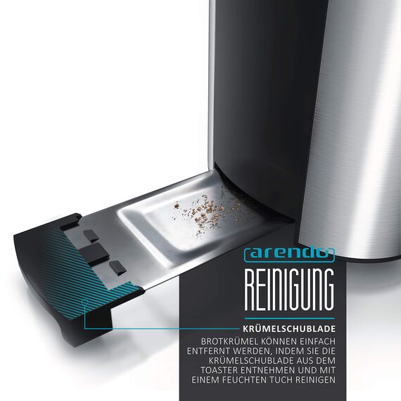 Arendo - Toaster 4 Scheiben Langschlitz Edelstahl - Defrost Funktion - wärmeisolierendes Gehäuse - mit integrierten Brötchenaufsatz - 1500W - Krümelschublade - Display mit Restzeitanzeige - Silber