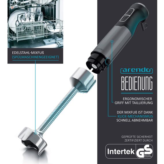 Arendo - Stabmixer 1000 Watt - Vierflügeliges Messer - Pürierstab - stufenlose Regelung - Turbotaste - abnehmbarer Mixfuß - Edelstahl Cool Grey