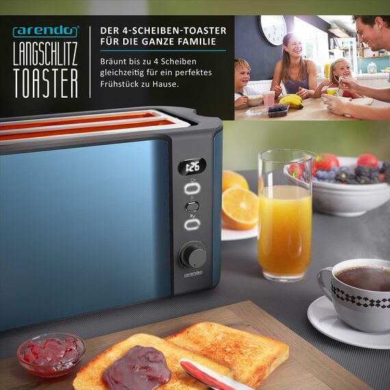 Arendo - Edelstahl Toaster Langschlitz 4 Scheiben - Defrost Funktion - wärmeisolierendes Gehäuse - mit integrierten Brötchenaufsatz - Krümelschublade - Display mit Restzeitanzeige - Admiral Blau