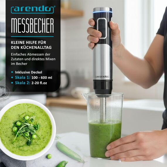 Arendo - Stabmixer kabellos - 200 Watt – mit Akku - Edelstahl Handmixer – Pürierstab – Schneebesen – Messbecher – stufenlose Geschwindigkeit – Tastensperre - Set