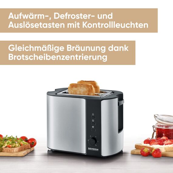 SEVERIN Automatik-Toaster, mit Brötchenaufsatz, hochwertiger Edelstahl Toaster zum Toasten, Auftauen und Erwärmen, 800 W,steel, AT 2589