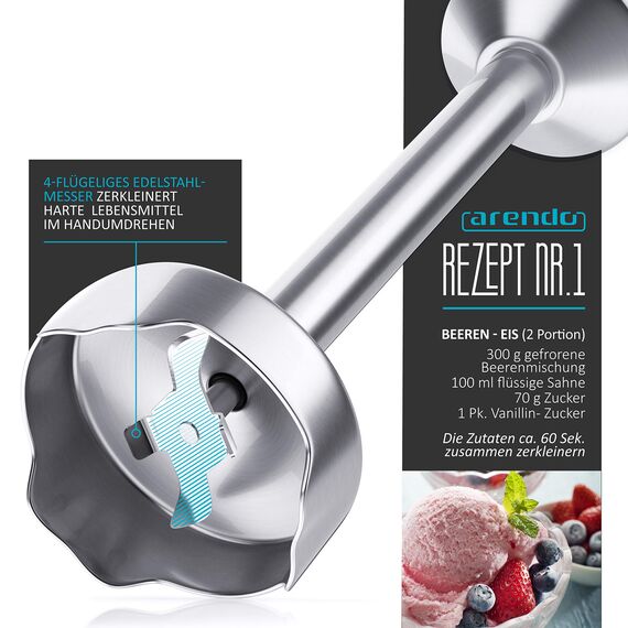 Arendo - 1000W Stabmixer - Edelstahl Pürierstab - Mixer - vierflügeliges Messer - stufenlose Geschwindigkeitsregelung - Turbotaste - Kraftvoller 1000 Watt Motor - mit Messbecher - Weiß