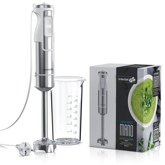 Arendo - 1000W Stabmixer - Edelstahl Pürierstab - Mixer - vierflügeliges Messer - stufenlose Geschwindigkeitsregelung - Turbotaste - Kraftvoller 1000 Watt Motor - mit Messbecher - Weiß