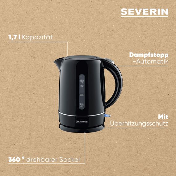 SEVERIN Wasserkocher, 1,7 L, kompakt, schwarz und leistungsstark, Kalkfilter, Kunststoff, schwarz, 2.200 W, WK 4322