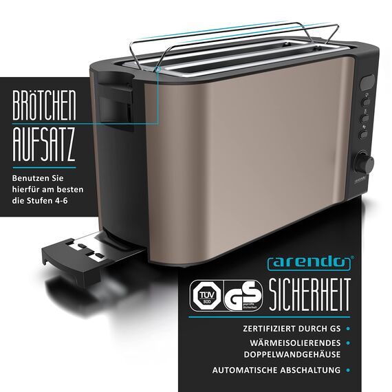 Arendo - Edelstahl Toaster Langschlitz 4 Scheiben - Defrost Funktion - wärmeisolierendes Gehäuse - mit integriertem Brötchenaufsatz - Krümelschublade - Display mit Restzeitanzeige - Bronze Design