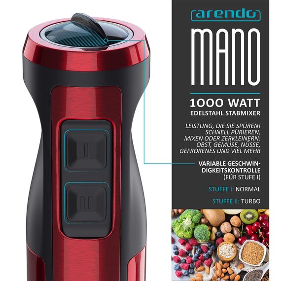 Arendo - Stabmixer 1000 Watt Edelstahl - vierflügeliges Messer - Pürierstab - Mixer - stufenlose Geschwindigkeitsregelung - Turbotaste - Abnehmbarer Mixfuß - Rubinrot