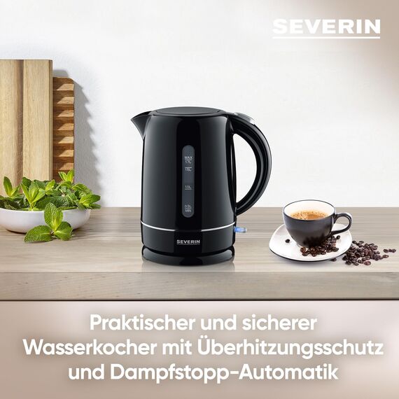 SEVERIN Wasserkocher, 1,7 L, kompakt, schwarz und leistungsstark, Kalkfilter, Kunststoff, schwarz, 2.200 W, WK 4322
